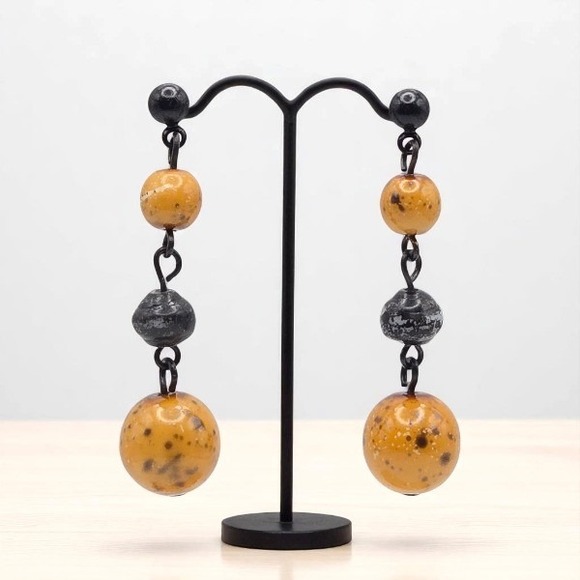 Handmade Jewelry - Handmade Golden Yellow Ceramic and Snowflake Obsidian Black Drop Dangle Earrings